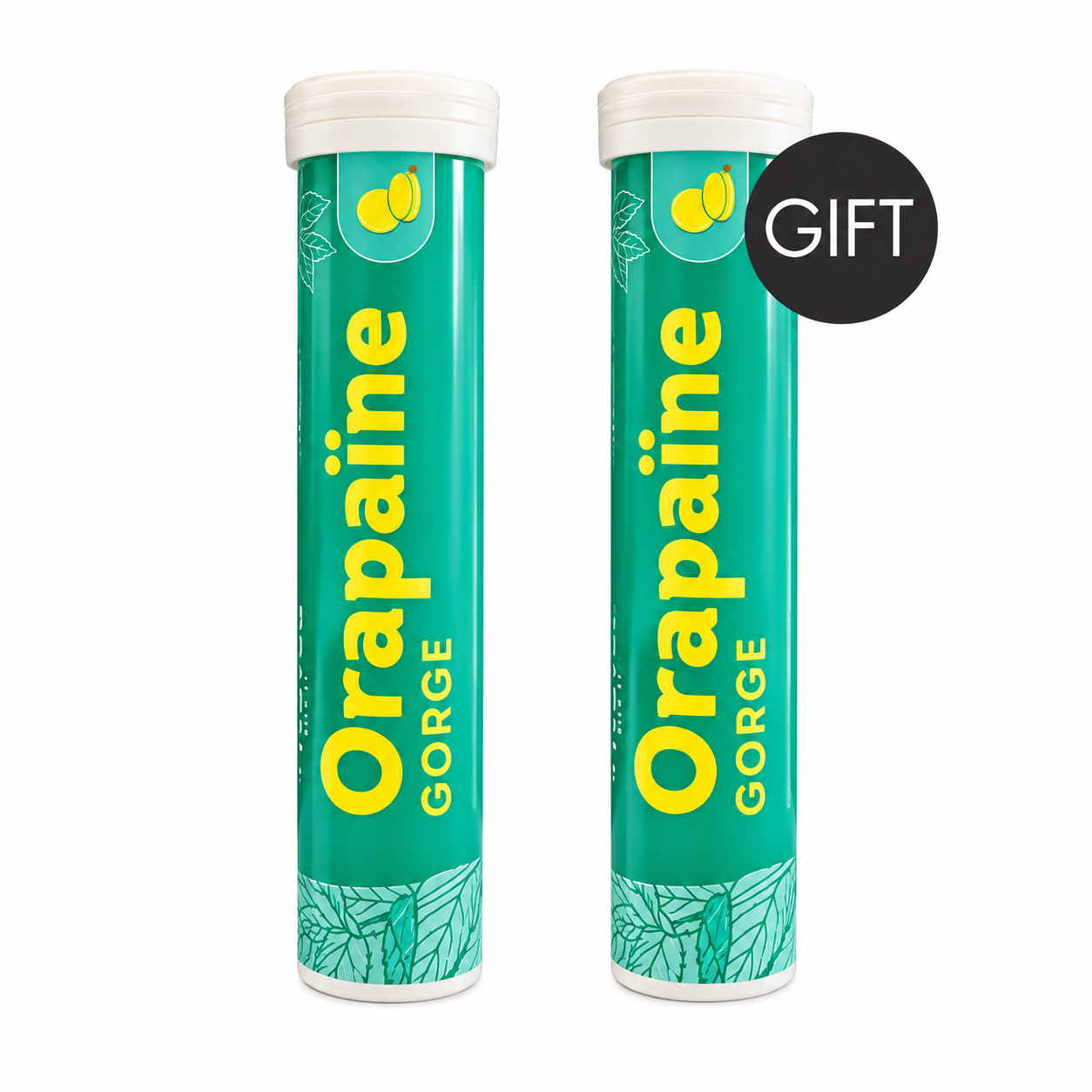 Two green tubes of Vitarmonyl Orapaïne Gorge throat lozenges on a white background, with a GIFT badge on the second tube.